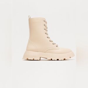 Cream Lace-Up Ankle Boots